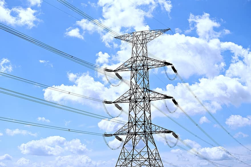 Tårn transmission, Højspændingstårn, elektricitet, Højspændingselektricitet, strøm, kilde, blå, brændstof og elproduktion, strømkabel, stål, el-pylon