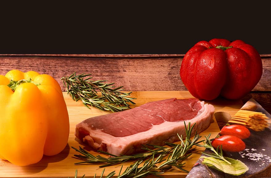 steak, přísad, jídlo, drsný, maso, červené maso, hovězí, čerstvý, rajče, paprika, rozmarýn