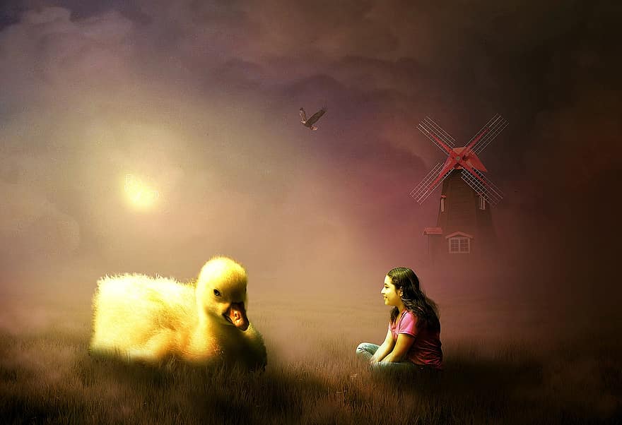 Pato, menina, moinho de vento, Águia, Patinho Gigante, rapariga, grama, fantasia, surreal, fotomontagem, manipulação fotográfica
