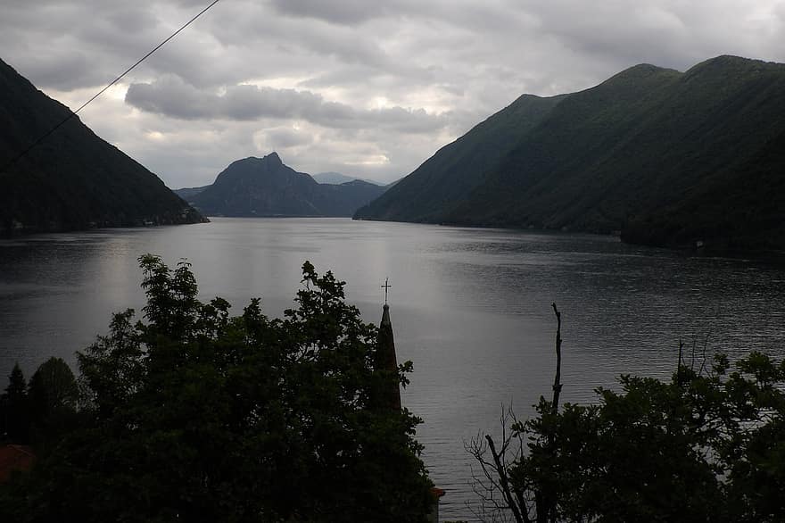 sø, bjerge, træer, kyst, San Mamete, Valsolda, Ticino, Lugano, monte san salvatore, landskab, natur