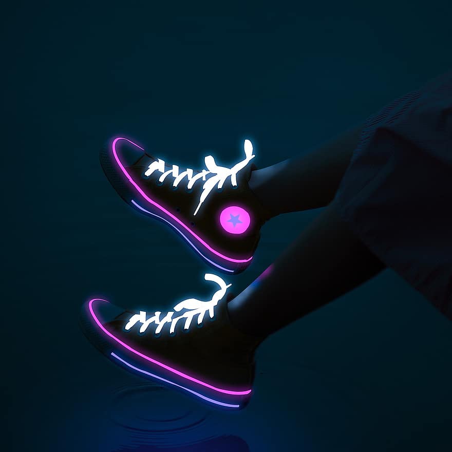 Schuhe, Turnschuhe, Schuhwerk, Beleuchtung, Neon-, gemütlich, Spaß, kreativ, Tschüss, Hallo