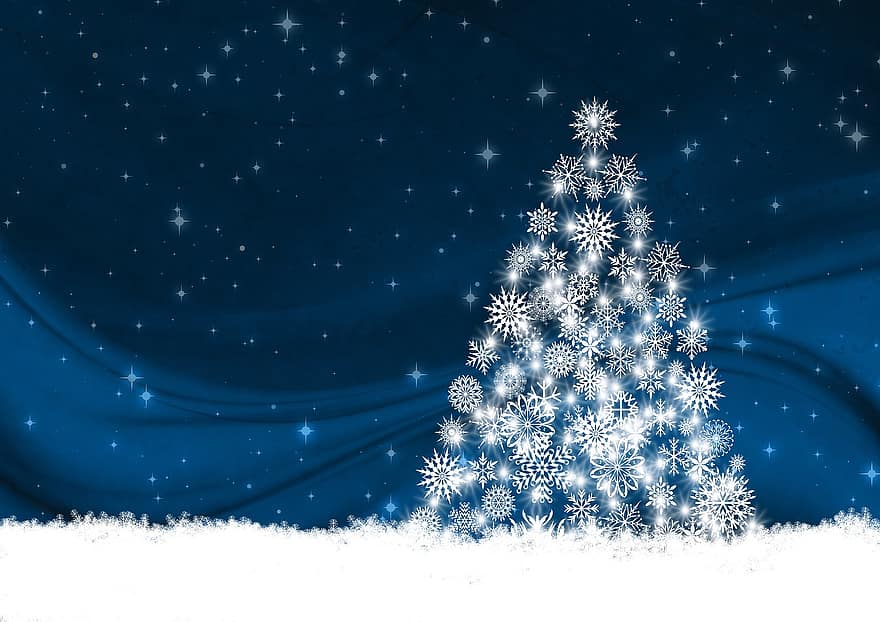 gratulationskort, julgran, bakgrund, strukturera, blå, svart, motiv, julmotiv, snöflingor, första advent, träd
