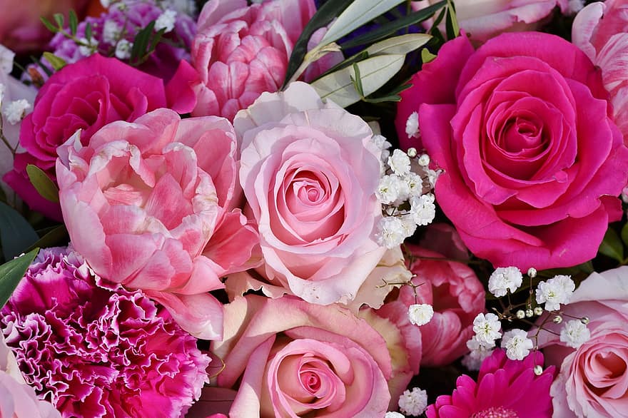 róże, różowy, kwiaty, bukiet, bukiet róż, układ kwiatowy, kompozycja kwiatowa, kwiat, kwitnąć, różowe kwiaty, różowe płatki