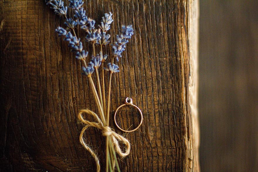 Marriage Proposal, Engagement Ring, Rustic Aesthetic, Lavender Sprigs, Still Life, Engagement, wood, flower, herb, plant, aromatherapy