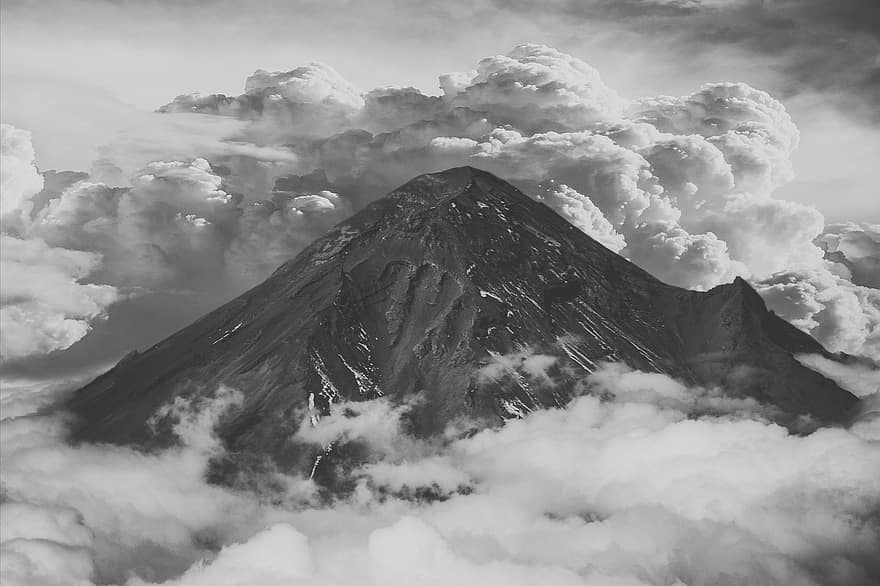 montaña, nubes, cumbre, paisaje, cielo, naturaleza, cuesta abajo, en blanco y negro