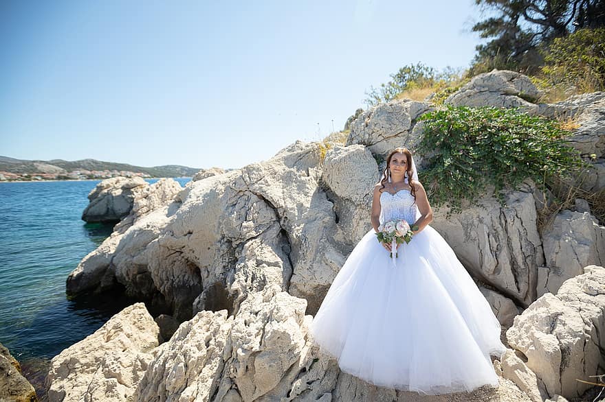 весілля, наречена, острів, скелі, море, Весільна сукня, Хорватія, жінка, краса, гарненька, візаж