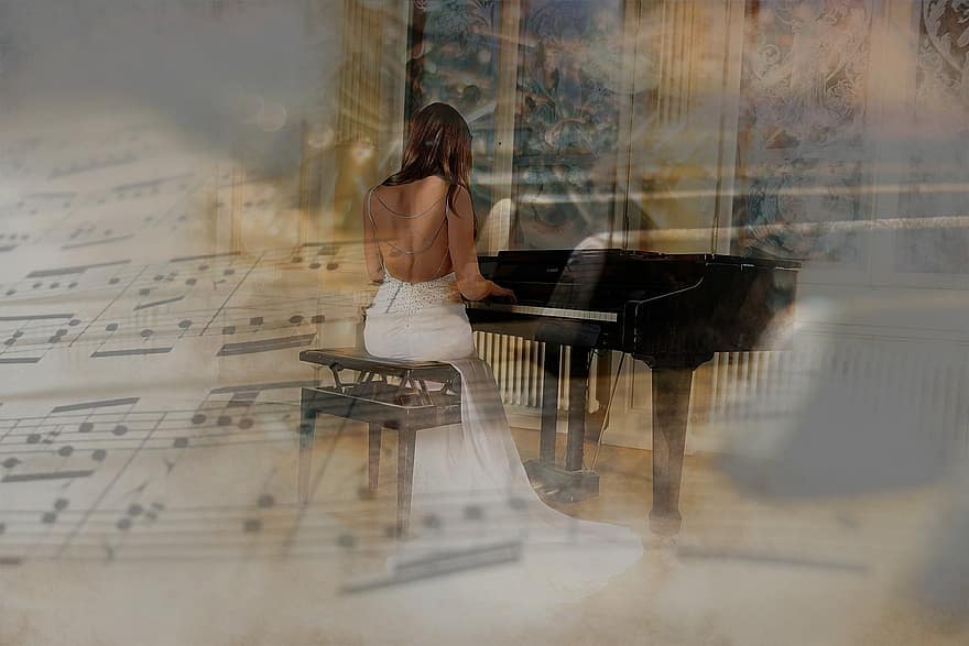 žena, pěkný, klavír