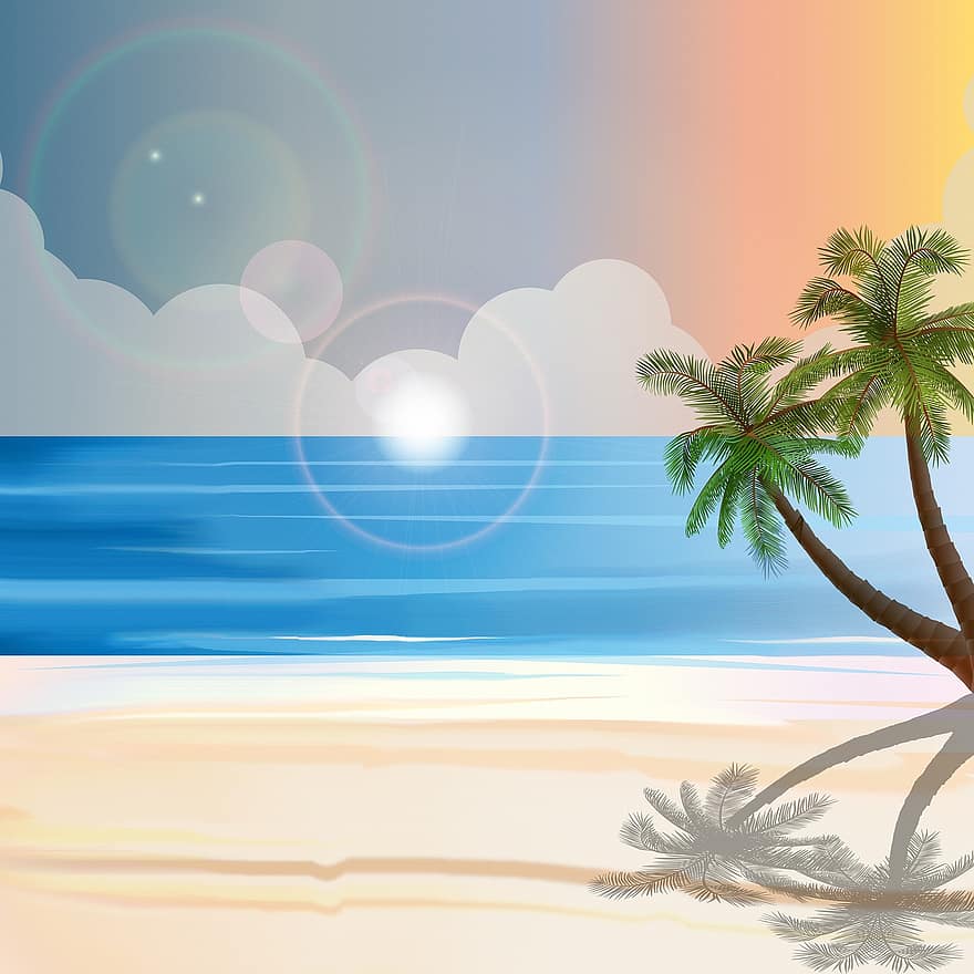 carta digitale, sfondo, modello, oceano, cielo, turista, sole, mare, palme, paesaggio, decorativo