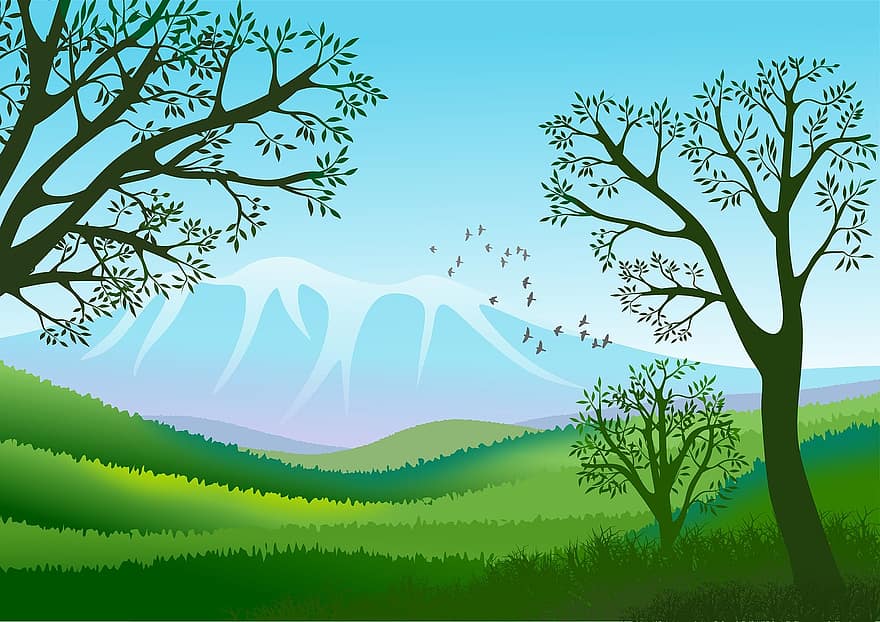 пейзаж, фон, природа, летом, зеленый, небо, панорама, горизонт, дерево, трава, горы