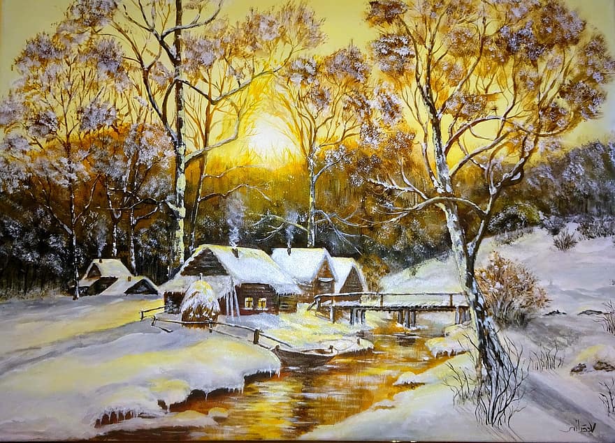 hiver, rivière, les cottages, pont, neige, Maisons, cabines, village, lumière du soleil, des arbres, forêt
