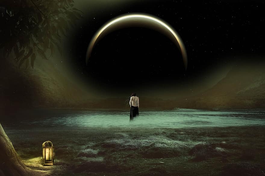 Fantasy, Night, Water, Woman, Moon, Fairy Tales, Dream, Mysterious, Nature, Landscape