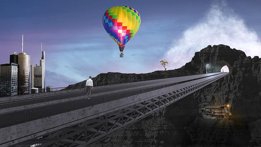 pont, muntanyes, globus d'aire calent, frankfurt, homes, volant, aventura, esport, transport, nit, adult