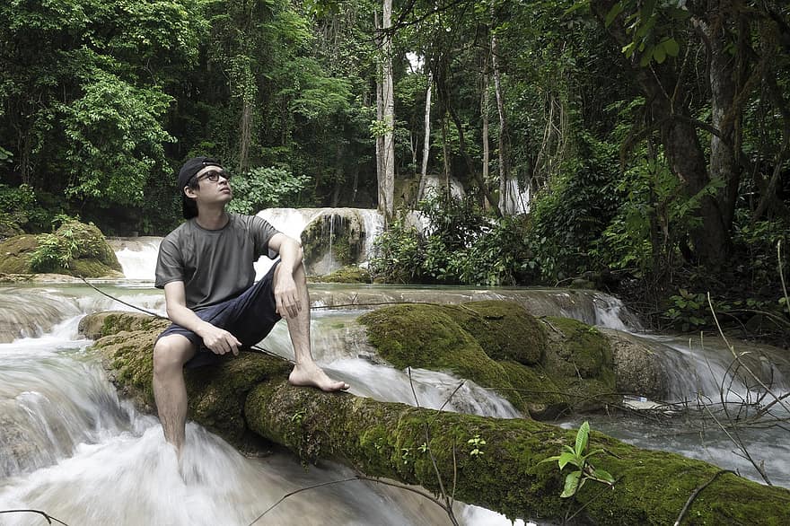 hombre, sentado, cascada, agua, bosque, arboles, rock