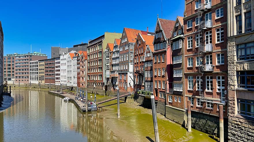 hamburg, bygninger, elv, Deichstrasse, flåte, Brygge, havn, refleksjon, vann, Urban, by