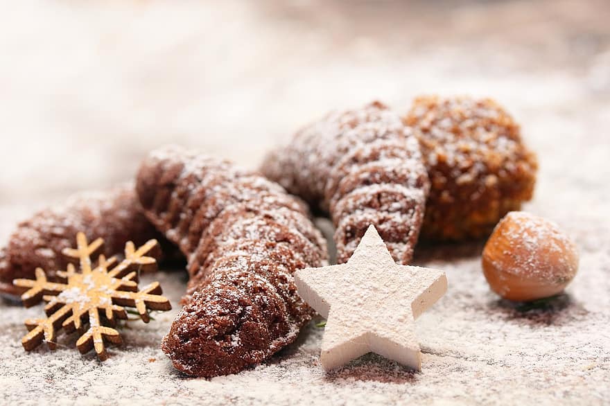 Kalėdos, ritinėliai, konditerijos gaminiai, kepti, maisto, užkandis, saldumynai, atėjimas, cukraus, kakavos, tradicinis