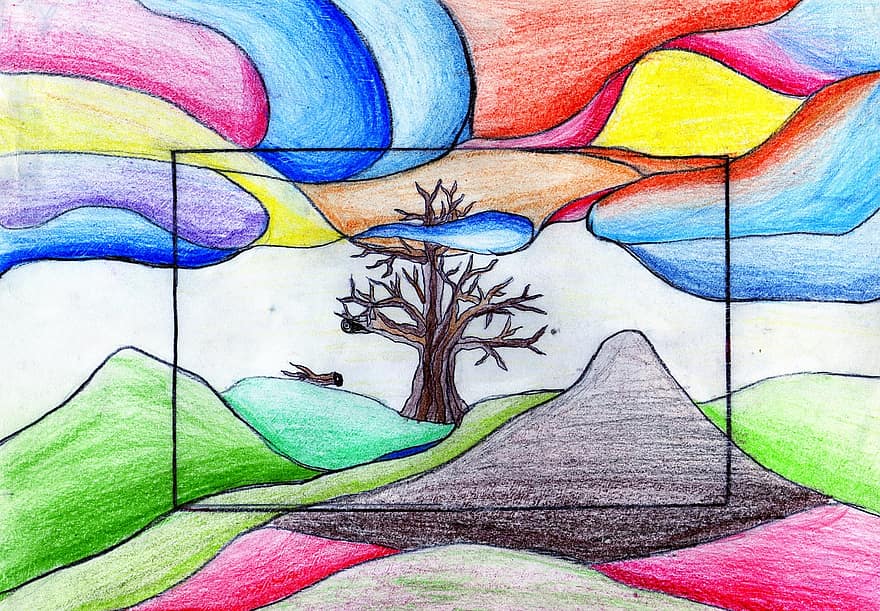 træ, farve, farverige skyer, tegninger, blå, tegning, kridt, farveblyant, blyant, kunst