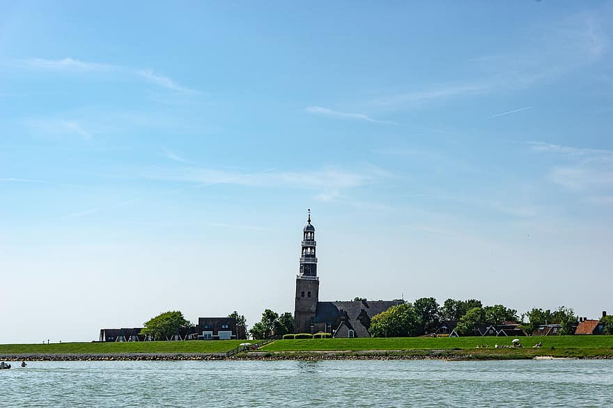 templomtorony, torony, épület, tó, Hindeloopen, Hollandia
