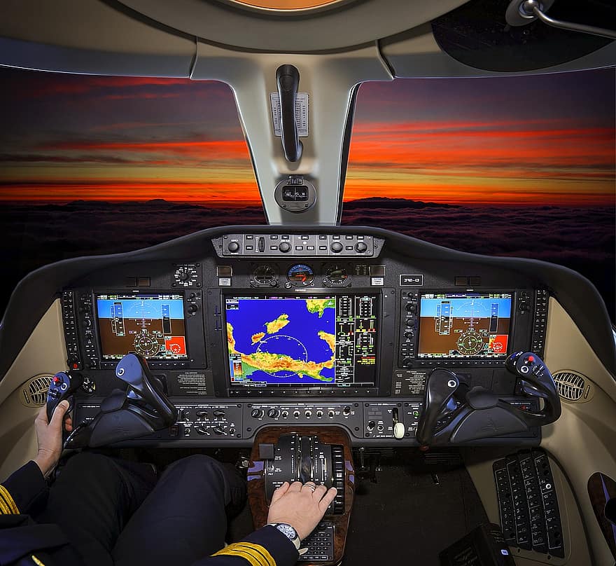 cockpit, tableau de bord, pilote, jet, avion, la navigation, aviation, vol, mains, Pilote féminin, transport