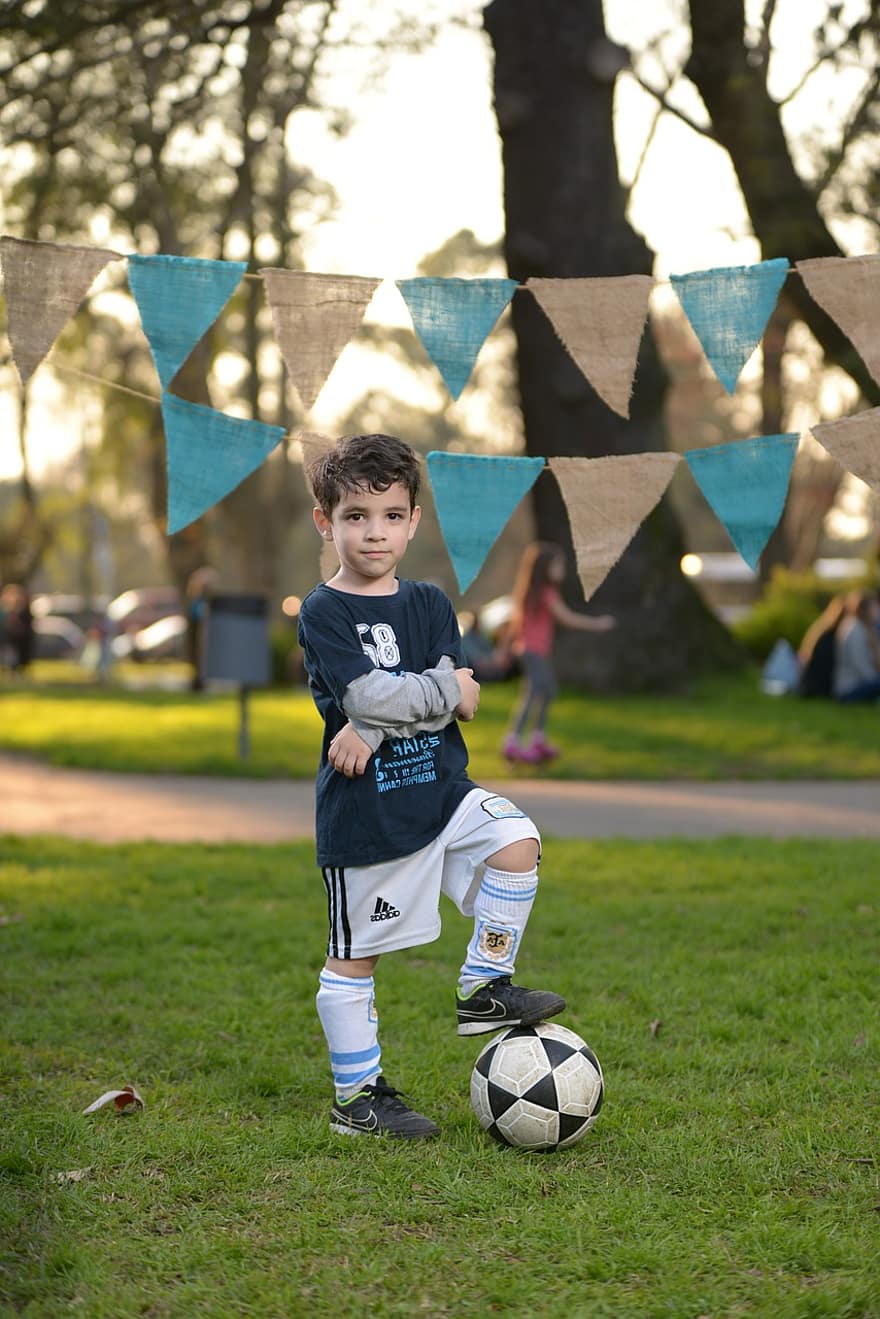 Child, Boy, Soccer Ball, Garland, Party, Cute, Surprise, Carnival