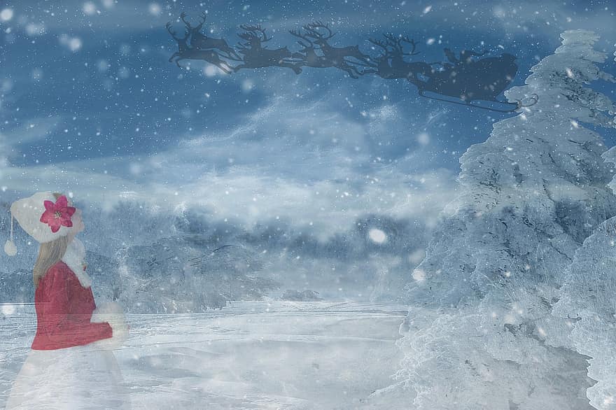 Christmas, Santa Claus, Nicholas, Reindeer Sleigh, Snow, Snow Landscape, Girl, Muff, Girl With Muff, Sky, Dark