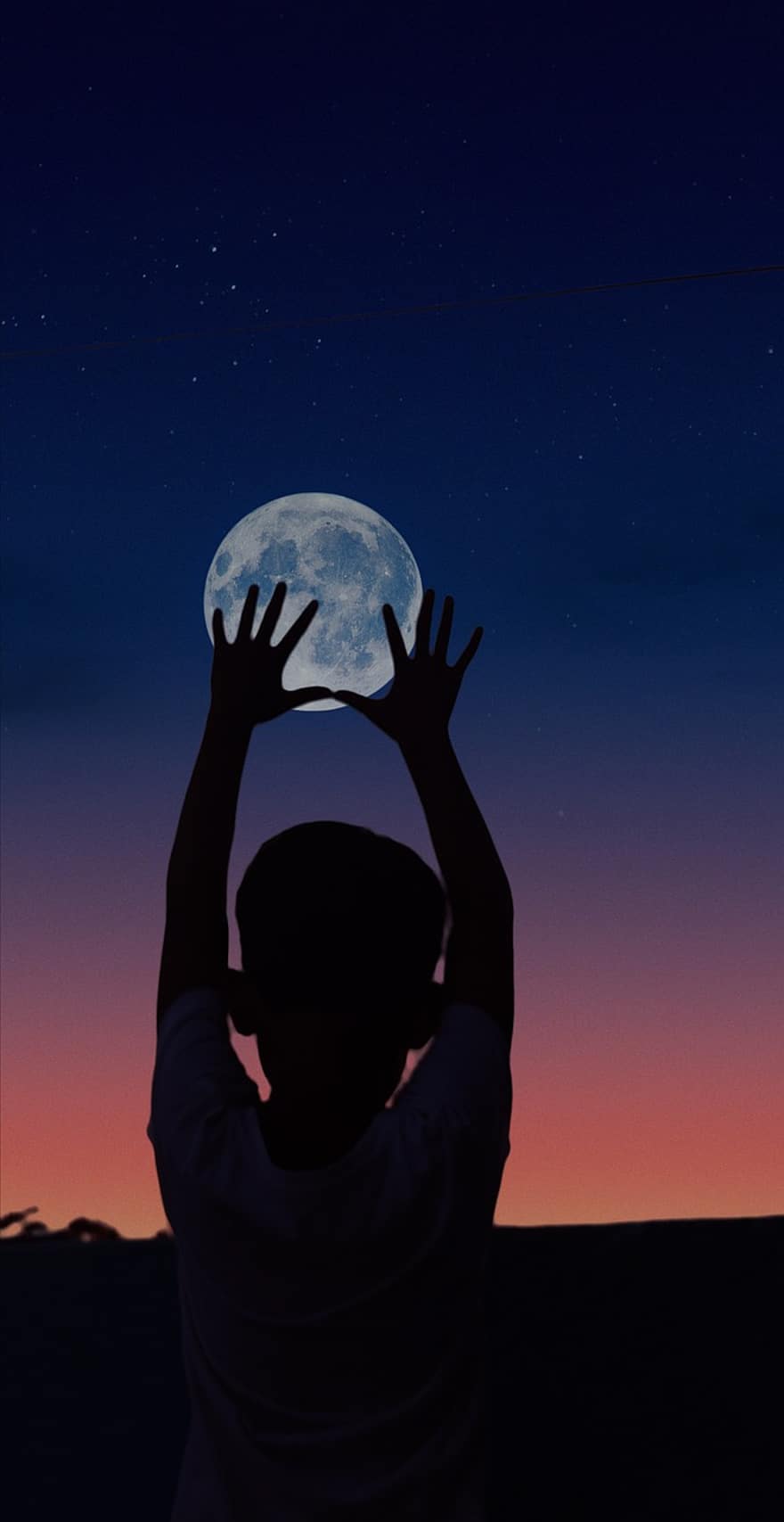 księżyc, dziecko, noc, ręce, dom, sylwetka, pełnia księżyca, Łapanie Księżyca, światło księżyca