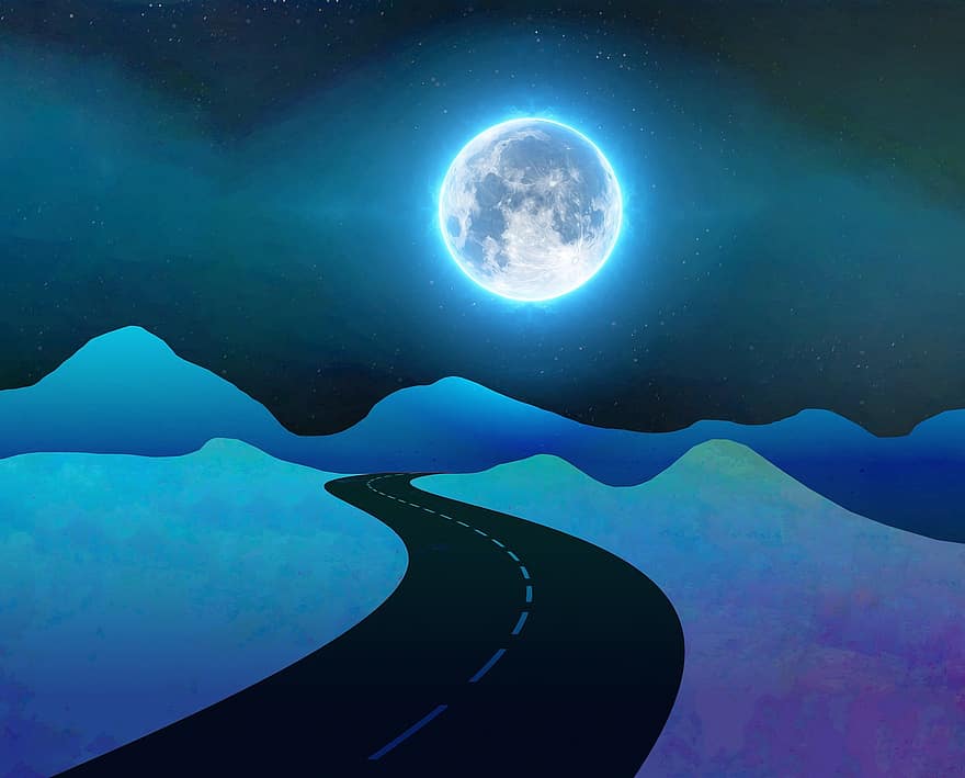 mēness, moonlit, ceļš, kalns, skatuves, spīd, naktī, ceļot, ainavu, maršrutu, zvaigžņots