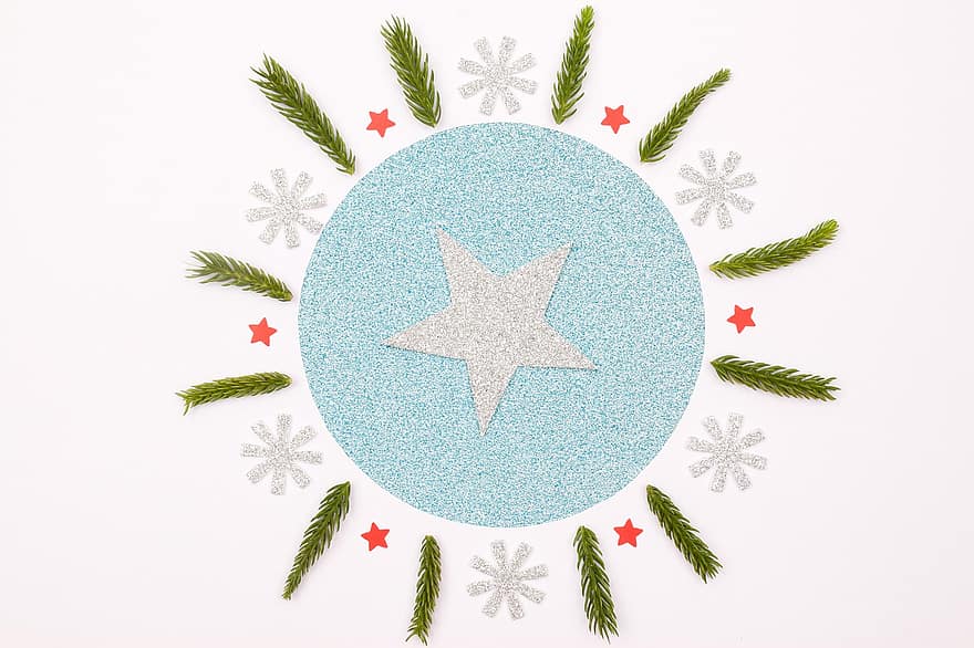 Contexte, Noël, ornement, étoile, branche de sapin, boule de Noel, briller, avènement, décoration, conception