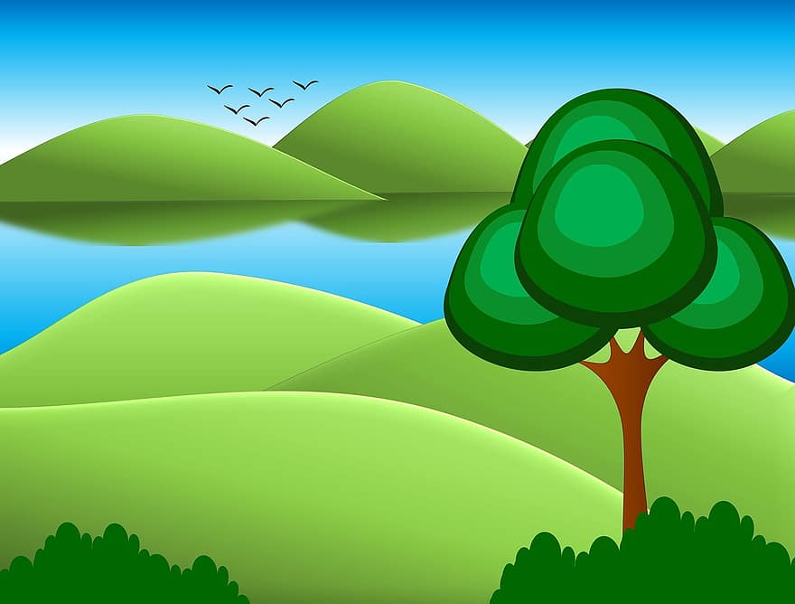 мультфильм, фон, деревья, небо, природа, дизайн, летом, весна, пейзаж, день, зеленый