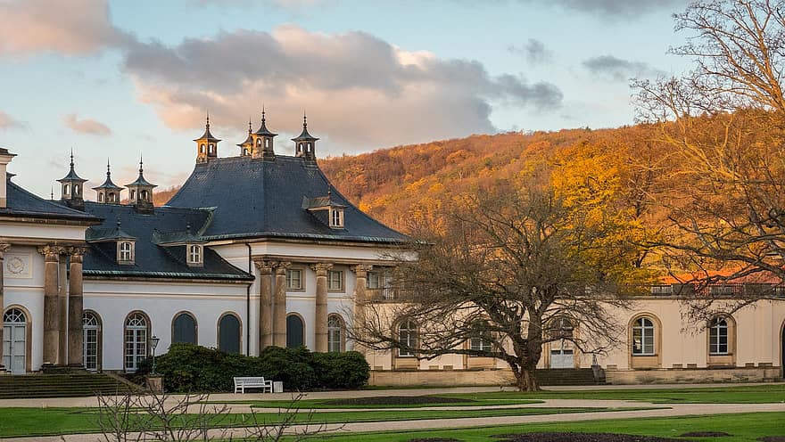 Pillnitz Castle, Castle, Architecture, Facade, Building, Palace, Landmark, Tourist Attraction, Park, Mountain, Evening Sun