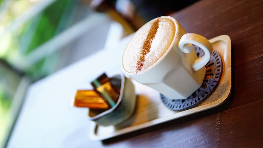 cappuccino, kaffe, kaffebar, cafe, koffein, drikke, bord, varme, temperatur, kaffekop, tæt på