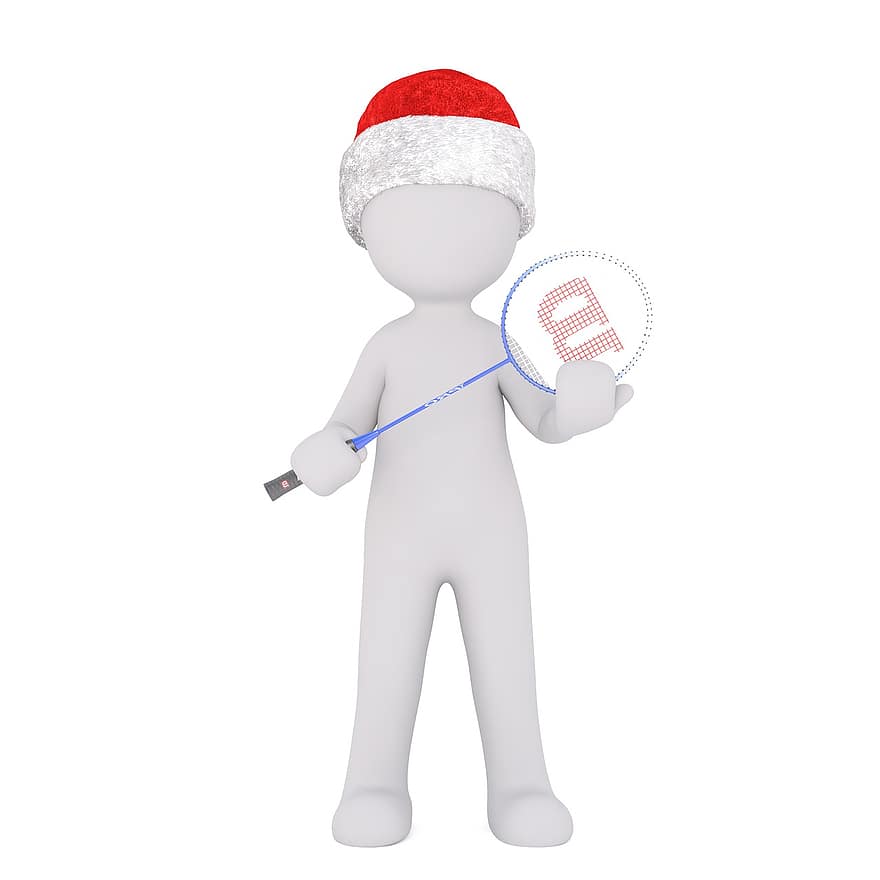 hvid mand, isolerede, 3d model, jul, santa hat, fuld krop, hvid, 3d, figur, badminton, sport