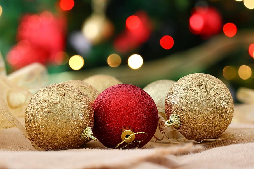 Natal, enfeites, bolas de natal, Decoração de Natal, decoração de natal, decoração, luzes, bokeh, fechar-se, bolas, vermelho