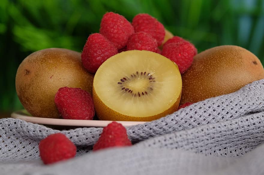 frugter, sund og rask, organisk, kiwi, hindbær