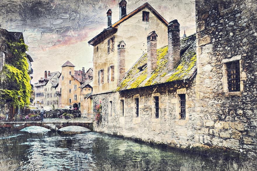 Annecy, barri antic, canal, pont, ciutat, històric, casa, edifici, edifici antic, maçoneria, arquitectura