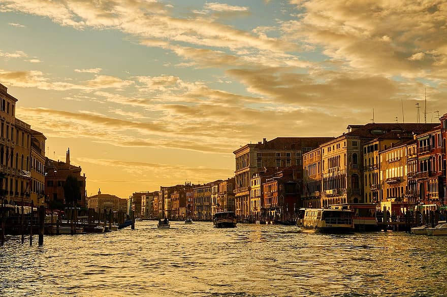 Italia, Canal Grande, tramonto, Venezia, Grand Canal di Venezia, punto di riferimento