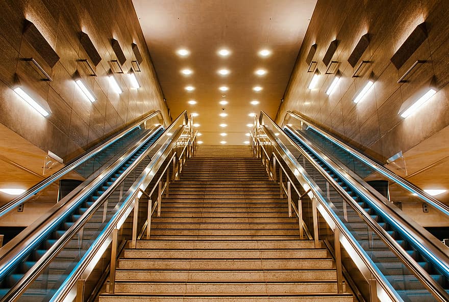 schody, město, schodiště, jezdící schody