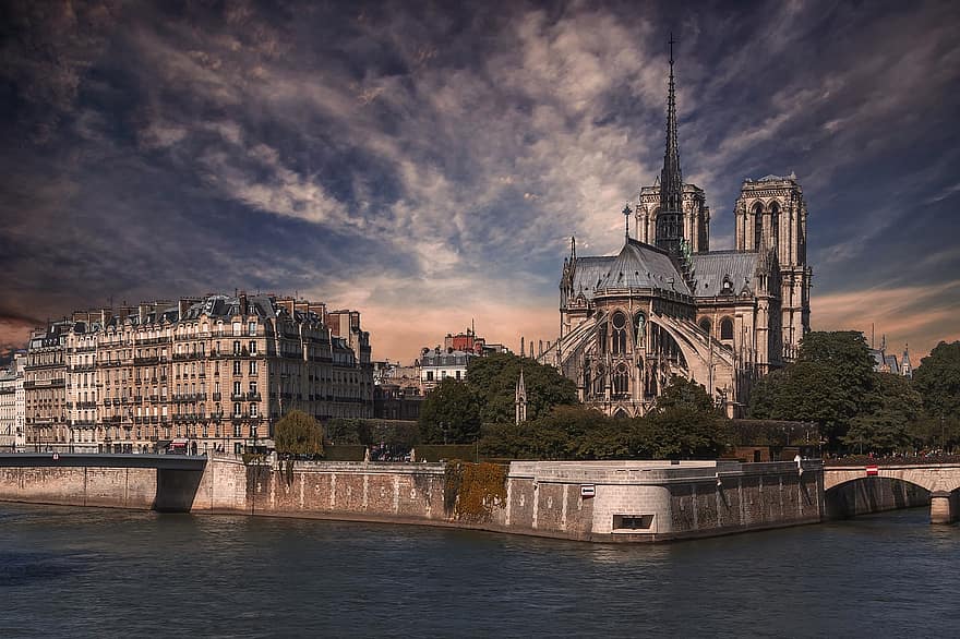 notre-dame, París, catedral, río, Notre Dame de París, Iglesia, histórico, punto de referencia, oscuridad, jábega