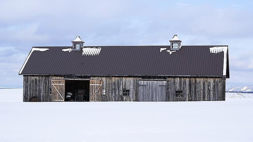 Ферма Сарай, зима, снег, время года, дерево, старый, архитектура, крыша, сельская сцена, выветрившийся, сарай