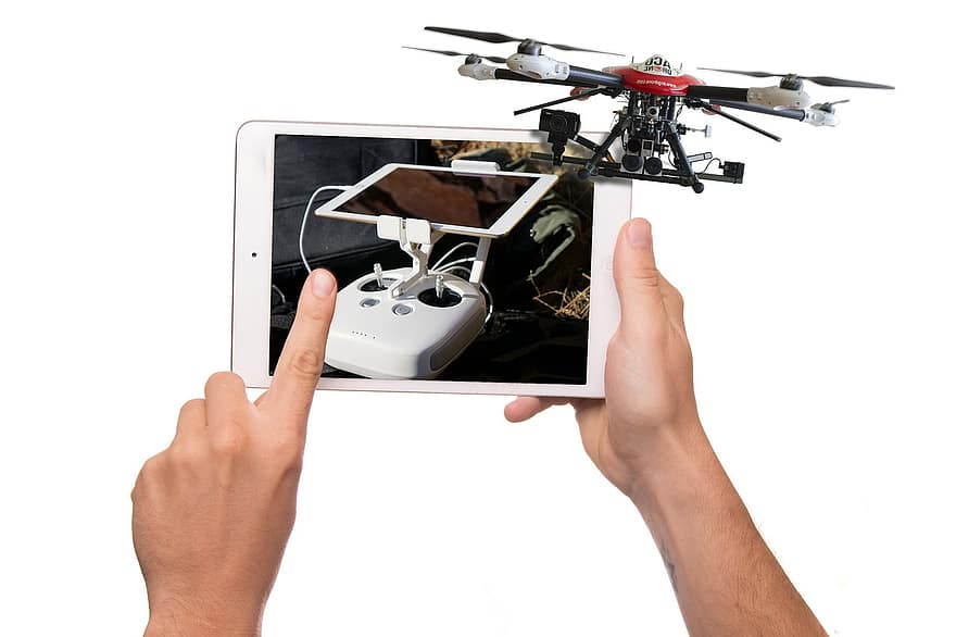 タブレット、3D、航空機、表示、iPad、イマン、アクション、飛行、出発、ドローン、無人
