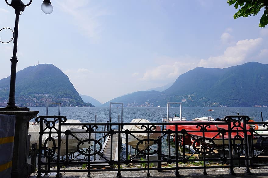 Lugano, Lake Lugano, jäätikköjärvi, järvi, vesi, sininen, vuori, kesä, matkustaa, merenkulkualus, rannikko