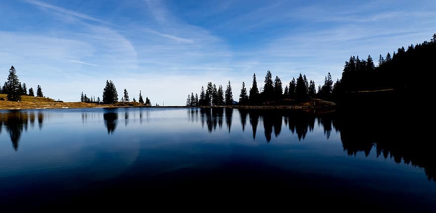 innsjø, trær, speiling, refleksjon, vannrefleksjon, speilbilde, bartrær, barskog, barskogskog, himmel, rolig vann