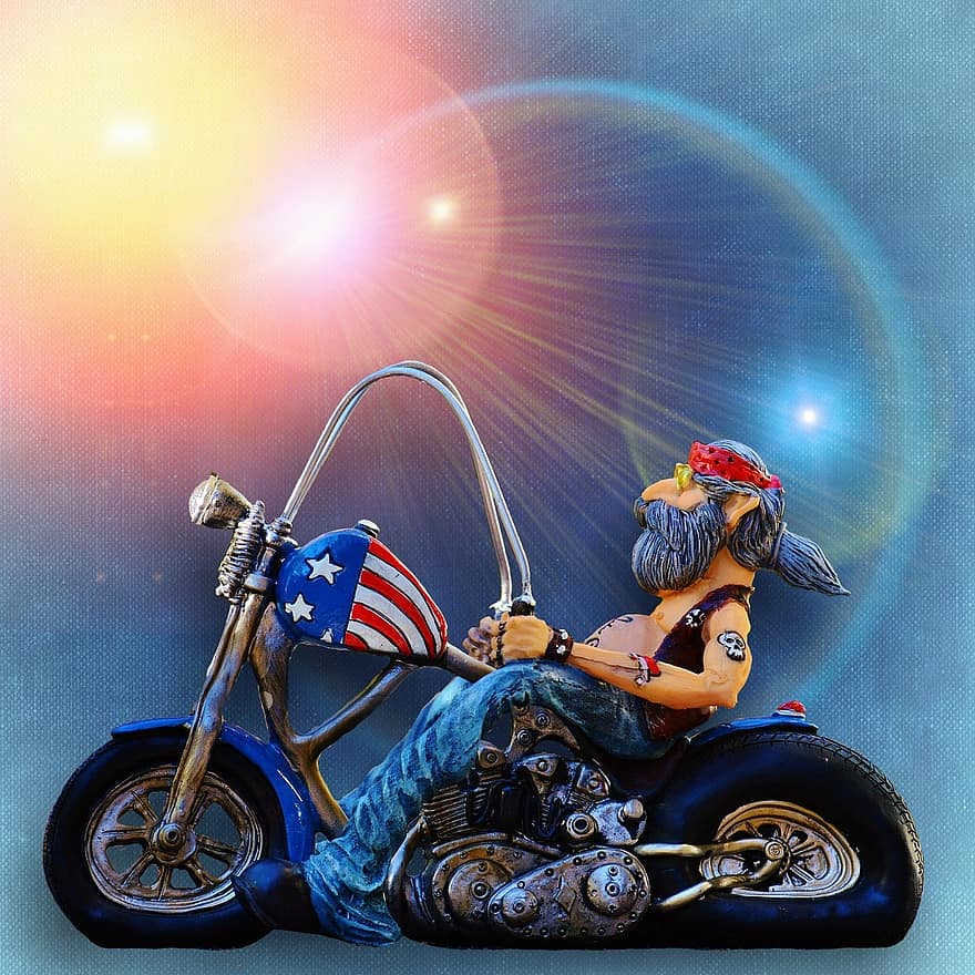 biker, pyörä, tatuoitu, Amerikka, viileä, rento, hauska, mies, istua, elämän iloa, moottoripyörä