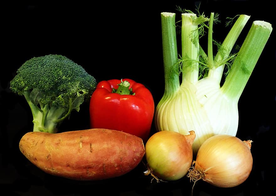 야채, 회향, 고추, 브로콜리, 양파, 고구마, 건강한, 식품, 조리, 영양물 섭취