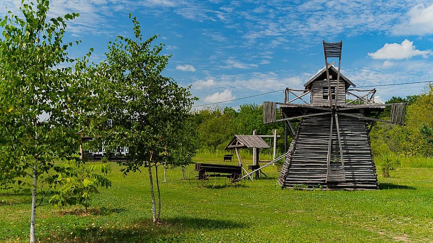 rekreationscenter, sommar läger, bruka, liten by, by, gamla hus, ryssland, ukraina