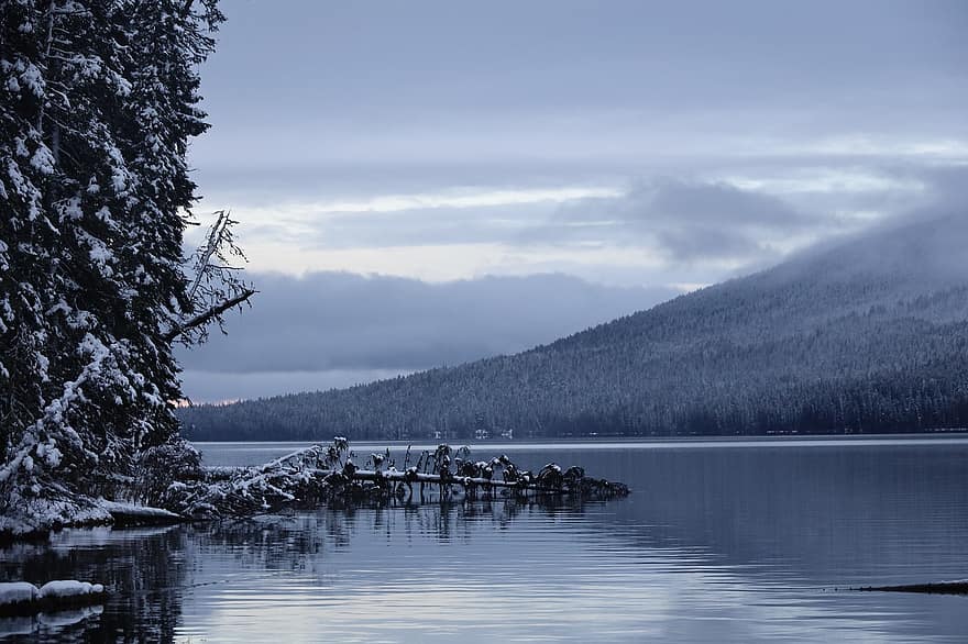 zăpadă, iarnă, lac, Munte, pădure, peisaj, copac, apă, albastru, sezon, o scenă liniștită