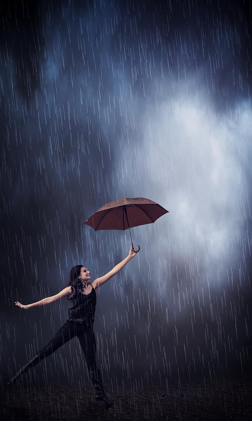 비, 우산, 소녀, 날씨, 젖은, 물, 튀김, 빗방울