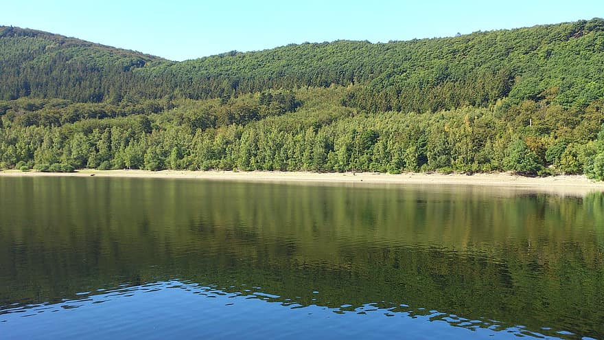 Lake, Mountains, Nature, Water, Reflection, Trees, Forest, Nature Reserve, Rursee, Eifel