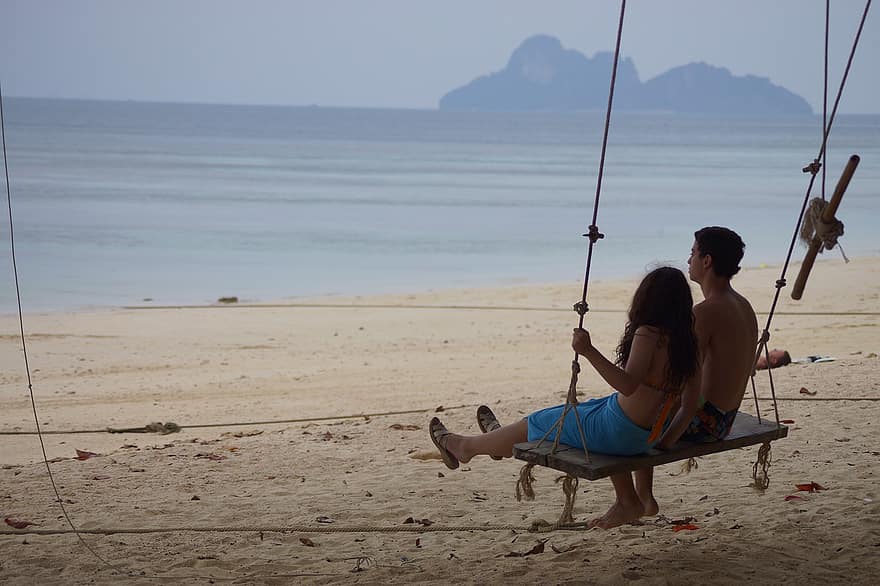 germans, swing, platja, oceà, vista, mar, muntanya, horitzó, illa, Tailàndia, viatjar