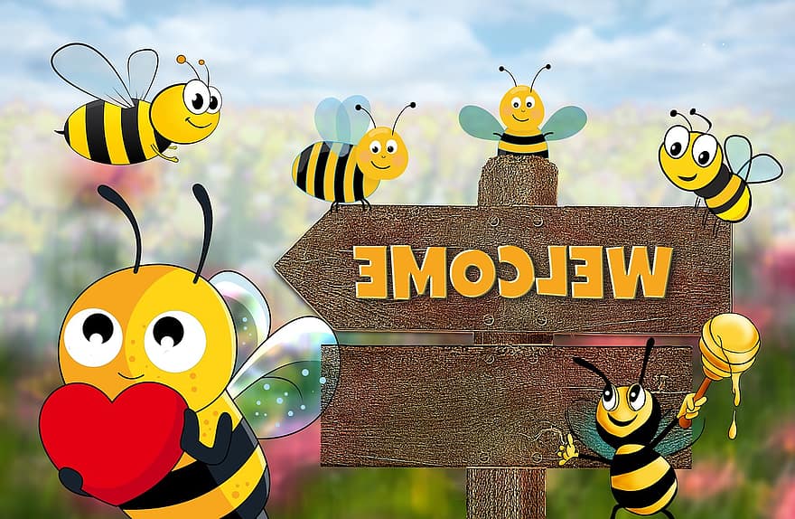 कीट, मधुमक्खी, प्राकृतिक संरक्षण, वातावरण, स्वागत हे, सुरक्षा, शहद, कार्टून, फ्लाइंग, पीला, चित्रण