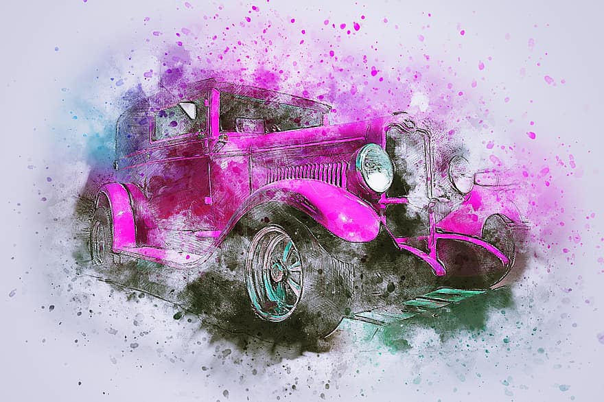 mașină, mașină veche, artă, abstract, acuarelă, epocă, Violet, auto, artistic, tricou, colorat